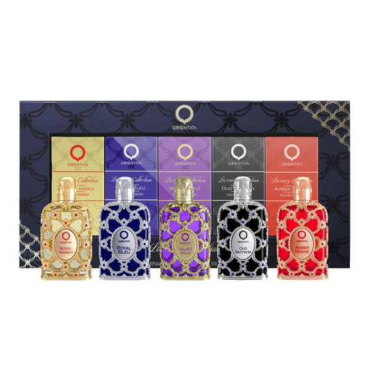 Orientica Luxury Collection 7.5ml EDP Oud Saffron + Velvet Gold + Amber Rouge + Royal Amber  + Royal Bleu Coffret Mini Set