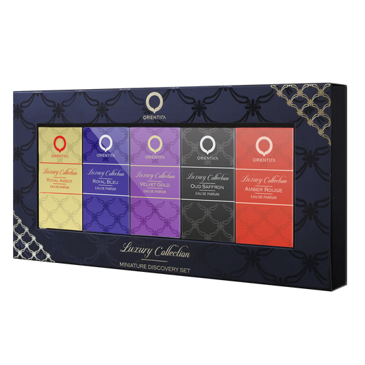 Orientica Luxury Collection 7.5ml EDP Oud Saffron + Velvet Gold + Amber Rouge + Royal Amber  + Royal Bleu Coffret Mini Set