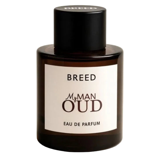 Bottle of Breed My Man Oud Eau de Parfum on a beige background
